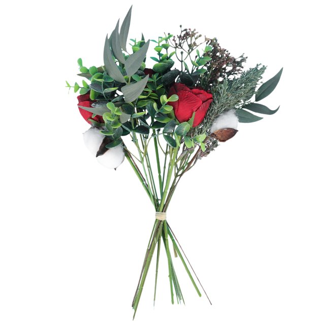 kakowely 1 ramo de simulación para decoración de acción de gracias, ramo artificial de otoño ramo artificial rojo de 34x17x17 cm con rosas rojas de tela, algodón blanco y follaje verde en alambre, vista frontal centrada con tallos atados; ideal para decoración de hogar, bodas y fotografía.