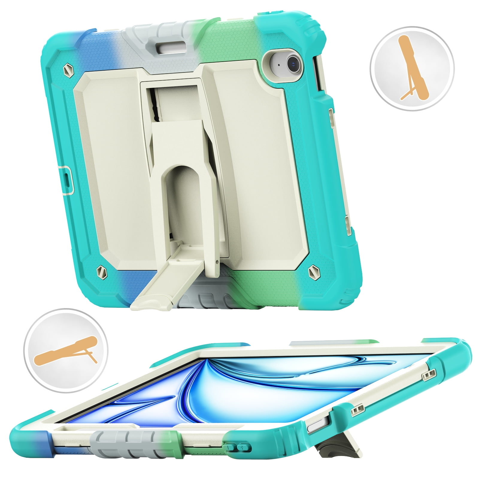 Rugged Case For Apple iPad Air 11 (2024) – 3-Layer Protection Shockproof Stand Cover with Screen Protector, Adjustable Stand, Shoulder Strap, & Pencil Holder -- Colorful Blue
