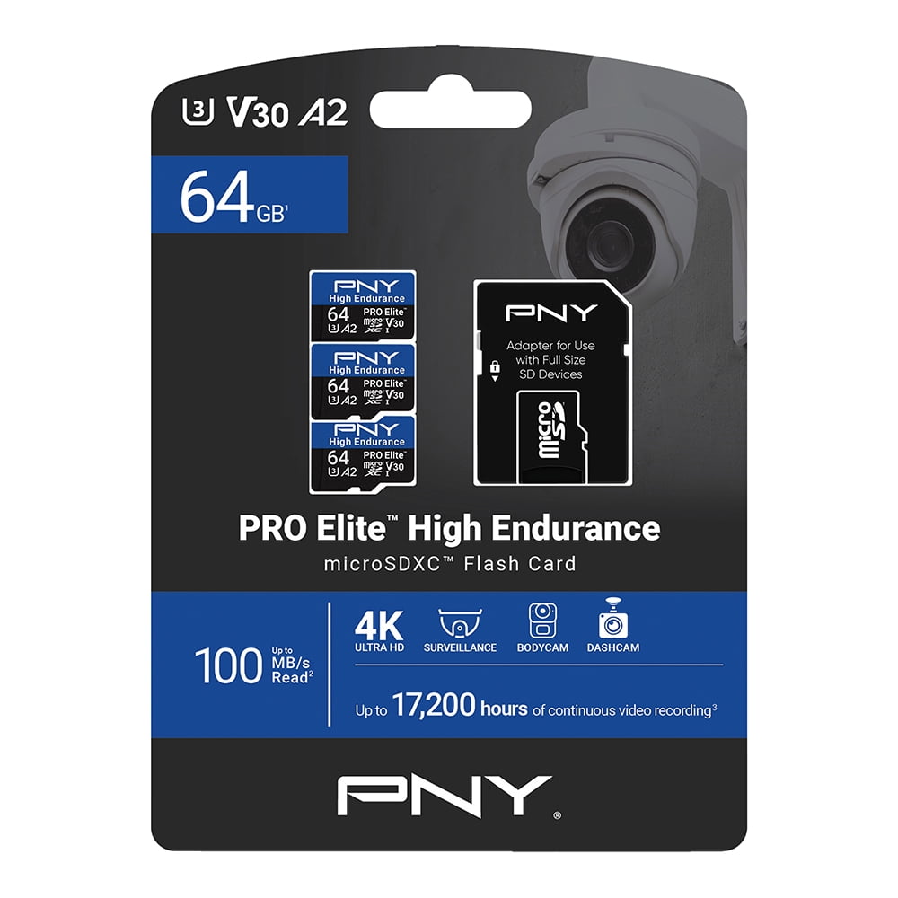 PNY 64GB PRO Elite™ High Endurance C10 U3 V30 A2 microSDXC – Up to 17.2K Continuous Recording Hours, Up to 100MB/s Read, 4K UHD, Full HD, UHS-I, Surveillance, Home Security, Dash Cam, 3-Pack