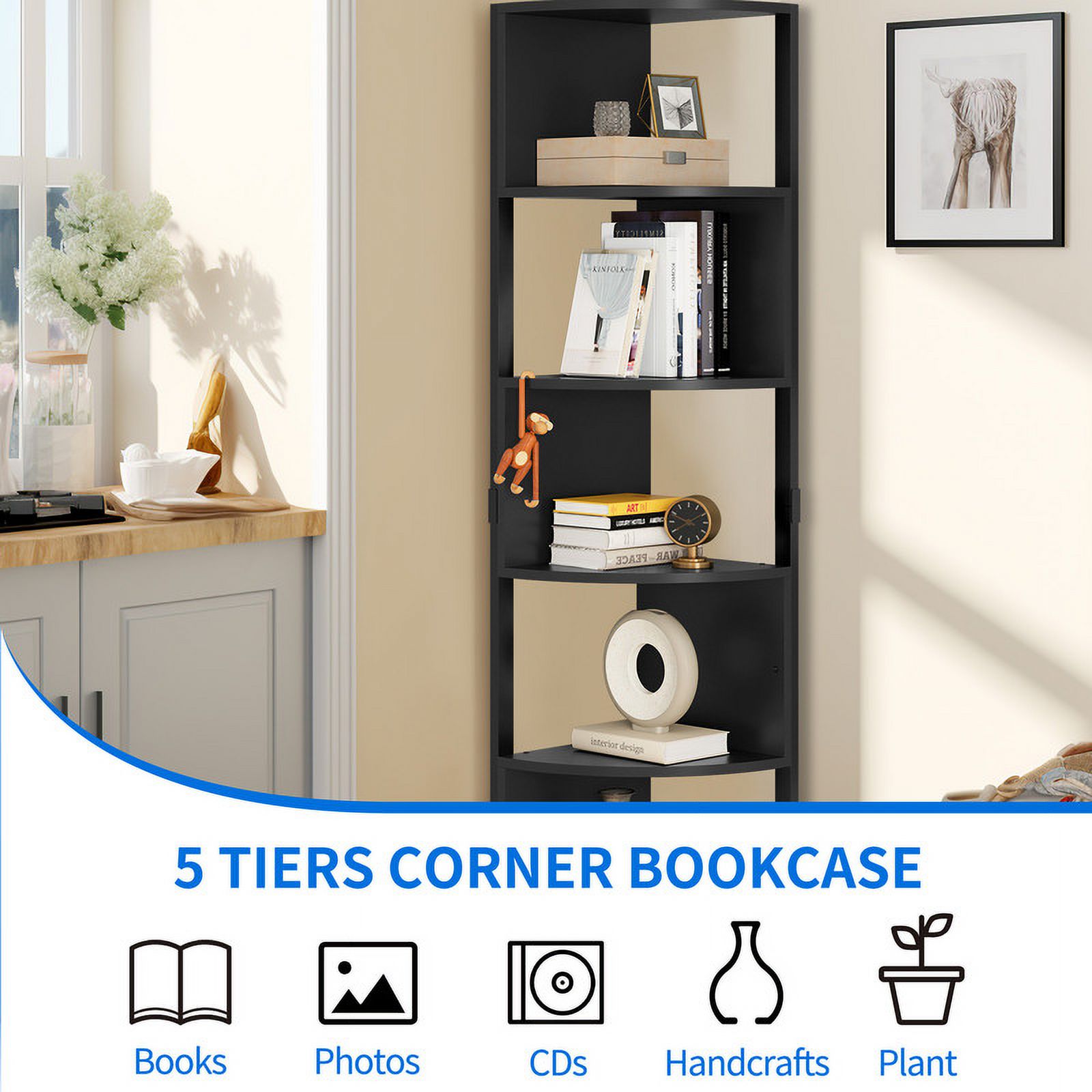 Dextrus 6-Tiers Corner Shelf, Narrow Open Shelf, Modern Corner Bookshelf & Bookcase, Corner Storage Rack Plant Stand for Home Office,Black