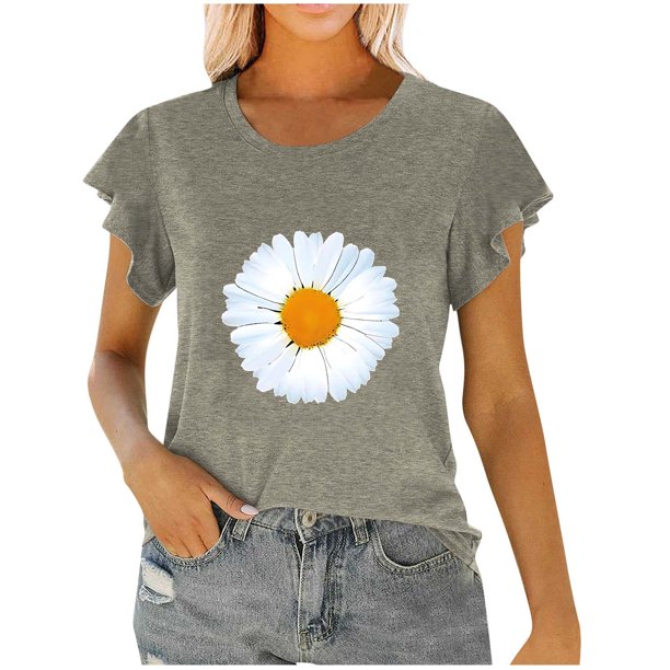 Mujeres Manga Corta Tops Moda Imprimir Blusa Divertida, Cuello Redondo Poliéster Spandex Tee