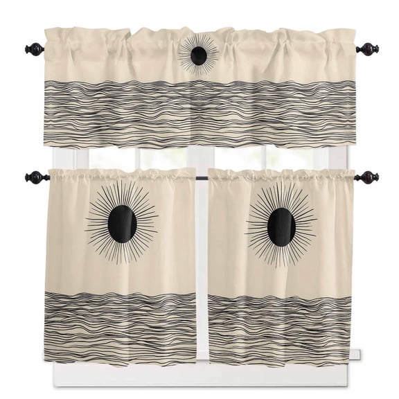 Abstract Sun Ocean Kitchen Curtains and Valances Set, Modern Art Rod Pocket Window Valance 18 Inch Window Curtain Panels for Living Room Bedroom Laundry, 27.5x36in, 3 Pieces