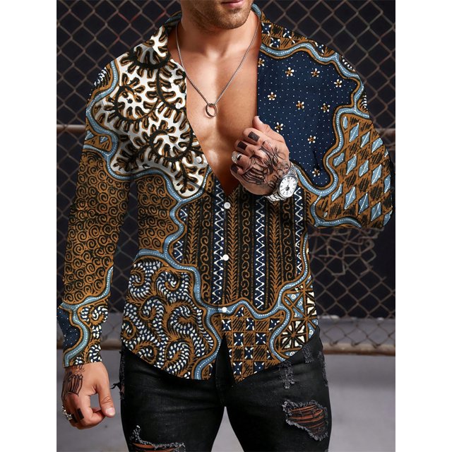 Camisa de estilo étnico de manga larga para hombre, camisa de otoño de gran tamaño con botón de solapa, camisa de manga larga para hombre, camisas casuales para exteriores