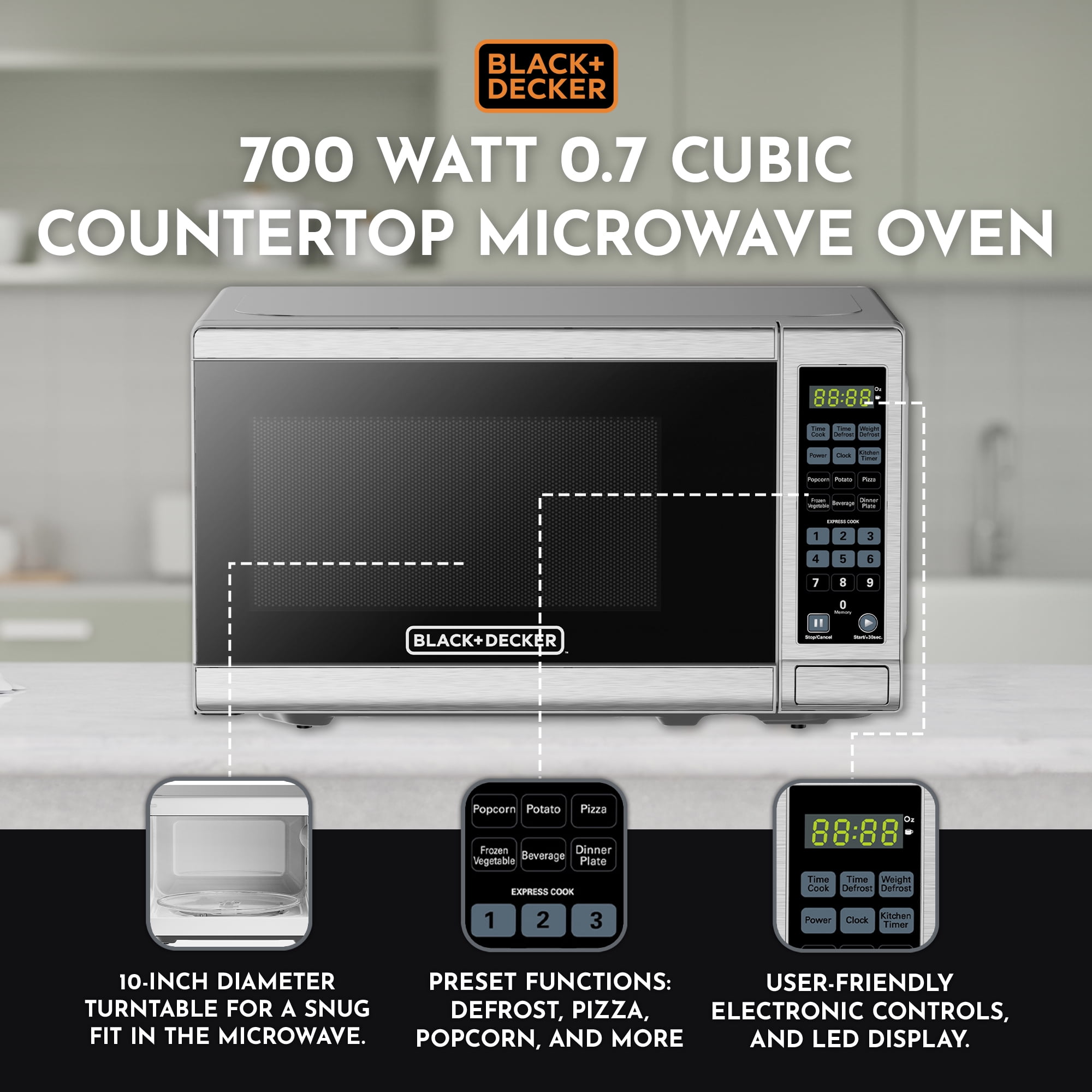 Black+Decker 700 Watt Compact LED Display Countertop Small Microwave Oven  with 10 Inch Turntable and 6 Preset Menu Buttons, Matte Black