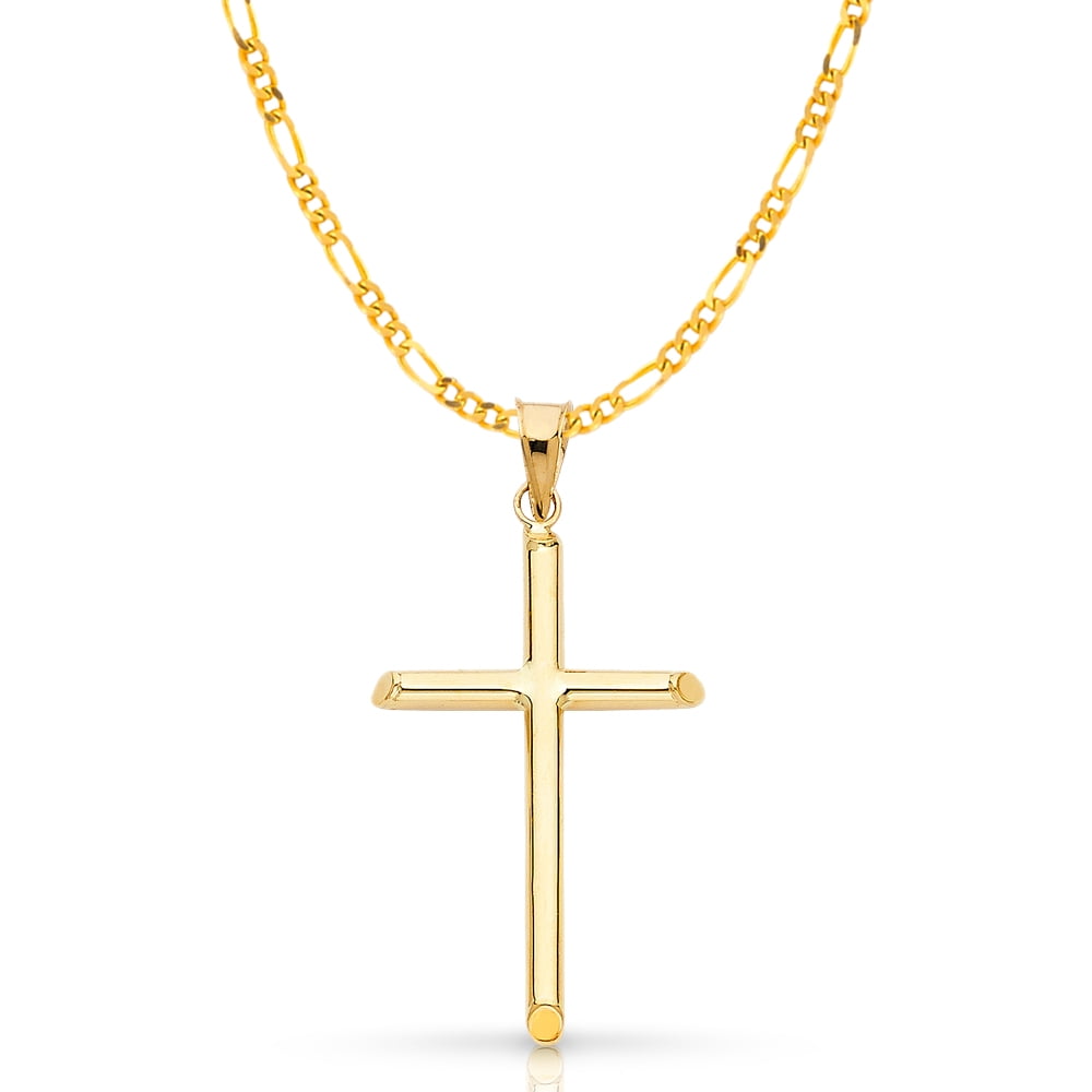 Ioka-14K Yellow Gold Classic Cross Pendant with 1.9mm Figaro 3+1 Chain ...