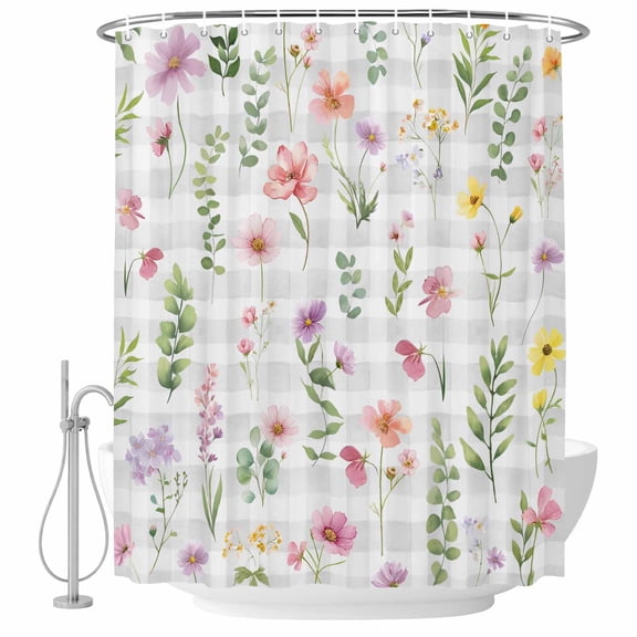 Pink Spring Floral Shower Curtain, Waterproof Shower Curtains for Bathroom, Flowers Botanical Elegant Grey Checkered Washable Fabric Bathtub Curtain Set Bath Decor with 12 Hooks 48"x72"