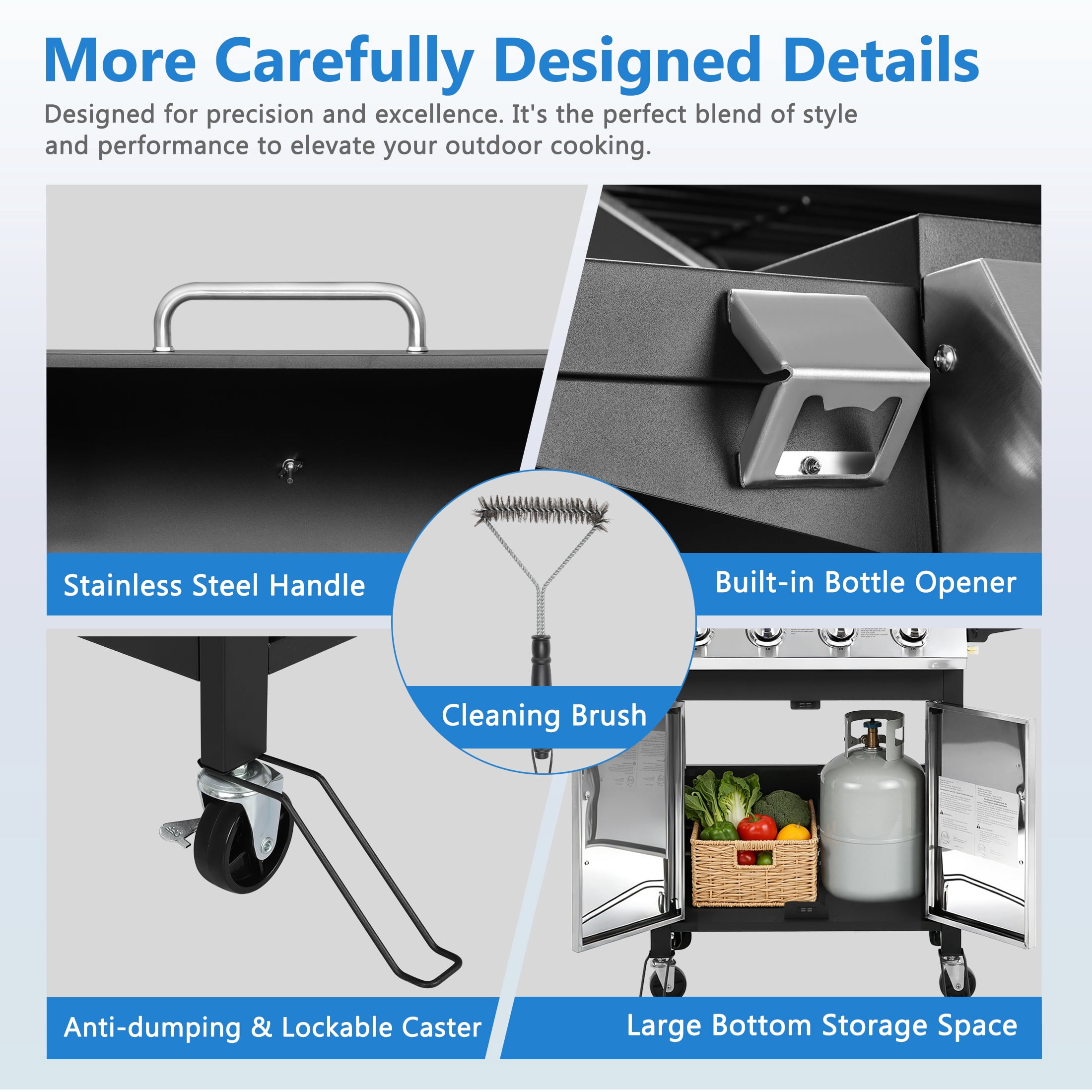 SEGMART 4 Burner BBQ Propane Gas Grill, Stainless Steel 40,000 BTU Patio Garden Barbecue Grill with Side Tables, Cleaning Brush & Thermometer, Perfect for Camping, Outdoor Cooking