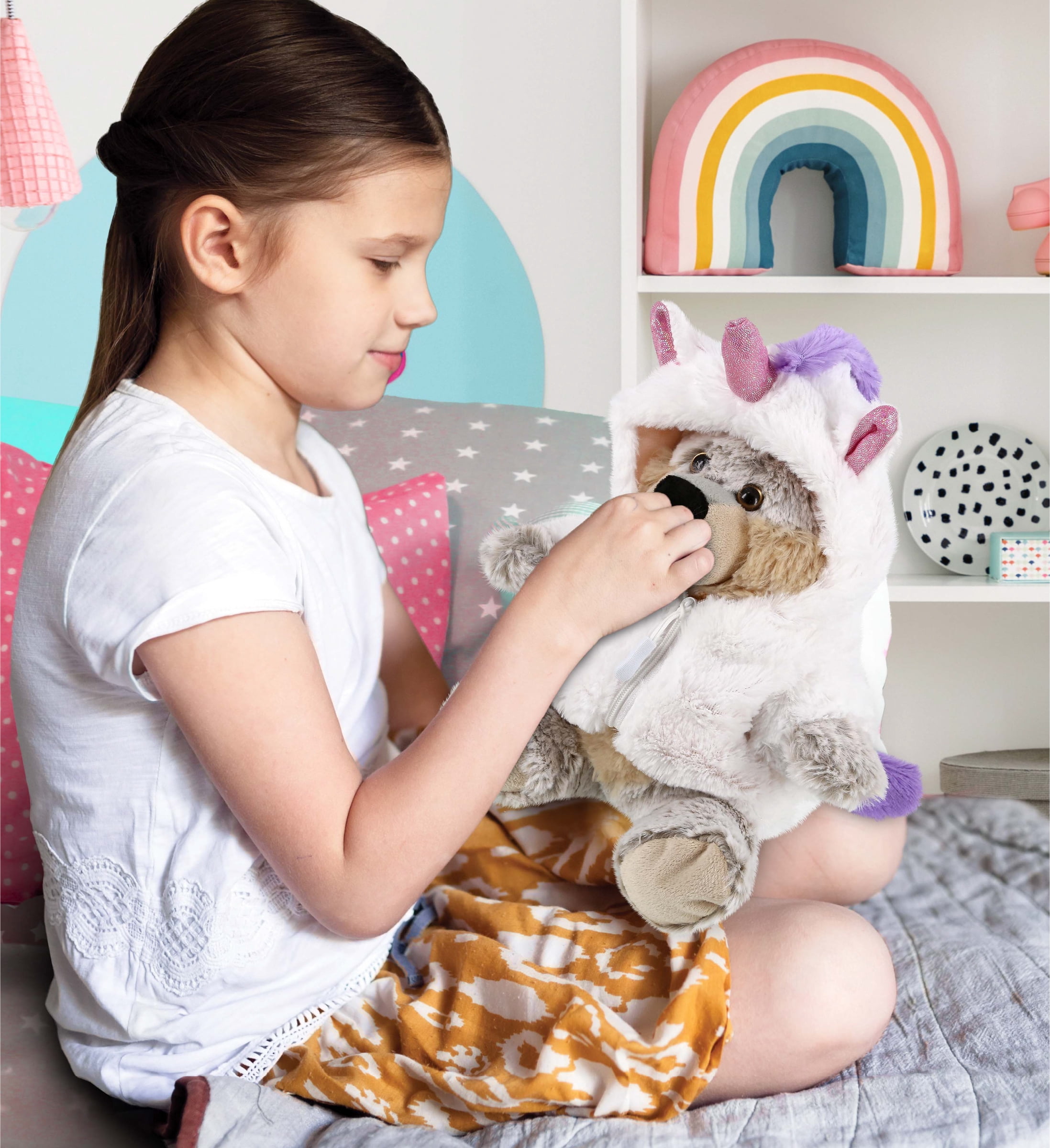 DolliBu Sitting Wolf Unicorn Plush Stuffed Animal Toy - Super Soft Wolfcorn Dress Up with Removable Plush Unicorn Outfit, Cute Fantasy Wildlife Gift - 9 Inch