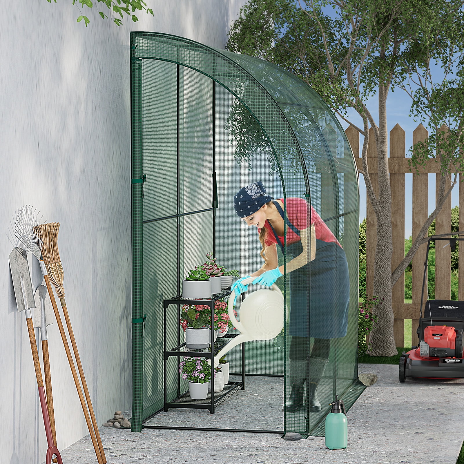 Patiojoy Lean-To Walk-In Greenhouse with Flower Rack 7’ x 3.5’ x 7’ Wall Green House with Roll-Up Doors Waterproof PE Cover & Metal Frame