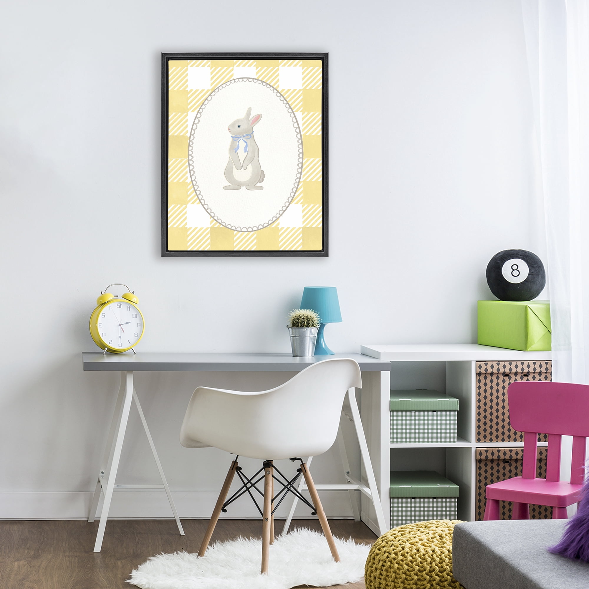 Stupell Industries Little Bunny on Yellow Gingham Black Framed Floater Canvas Wall Art, design by The Paper Curator