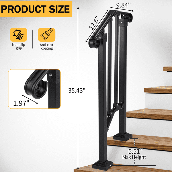 1‑Tier ABS Plastic Handrail for Patio Courtyard Stairs, Matte Black