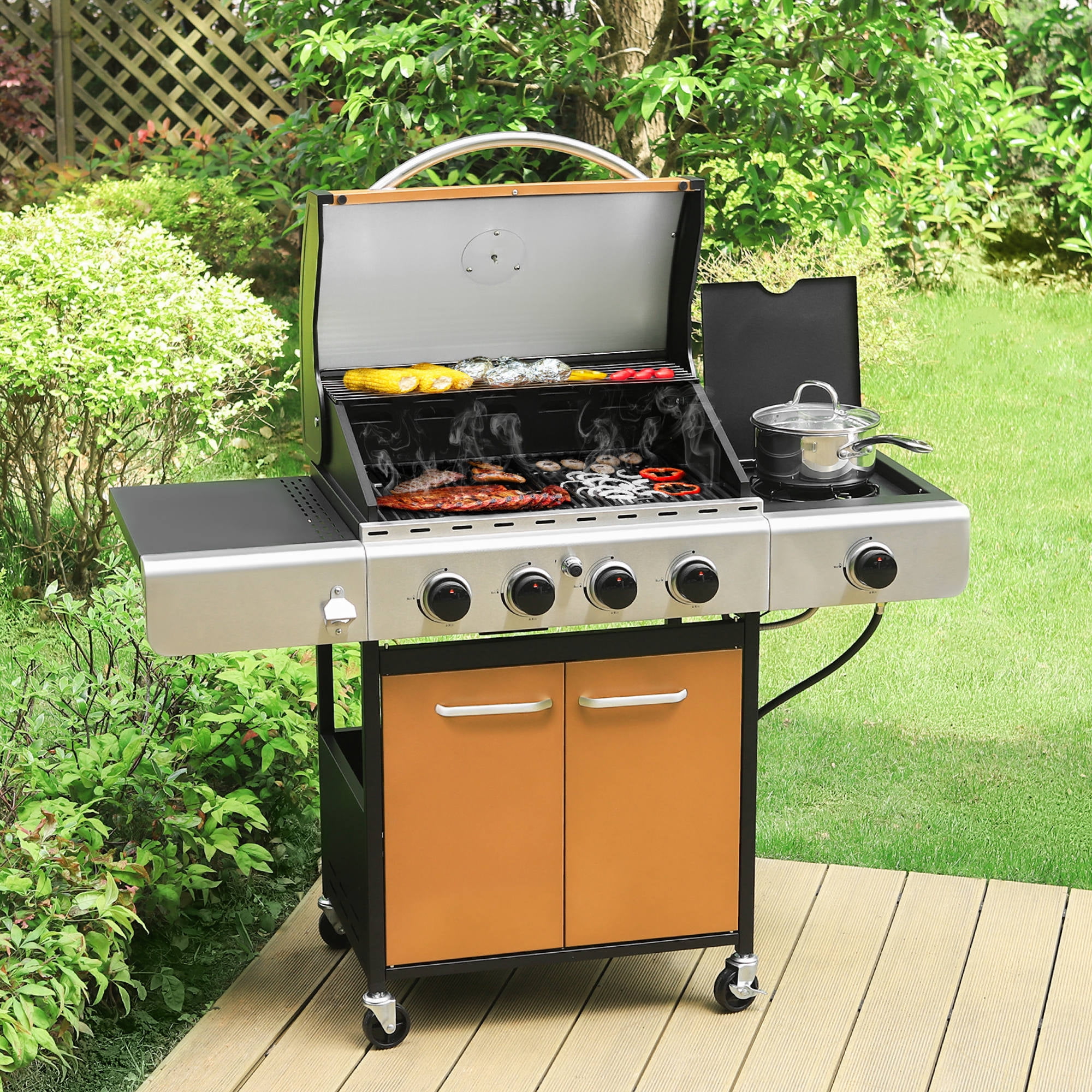 PHI VILLA 4 Burner Propane Gas Grill with Side Burner Stainless Steel, Golden