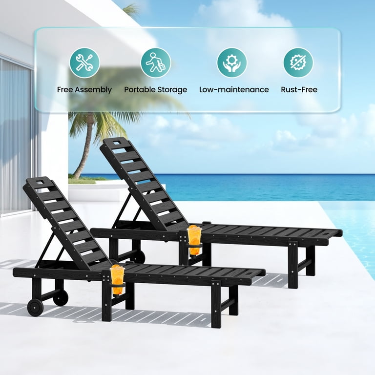 SERWALL Outdoor Chaise Lounge Set of 2, Black HDPE photo 3
