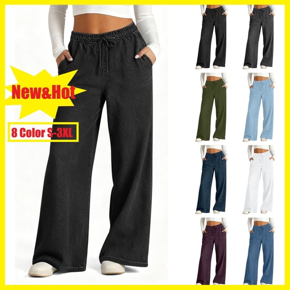 ZHYou Womens Drawstring Wide Leg Jeans Elastic High Waisted Baggy Pull On Casual Trousers,Black,Size L