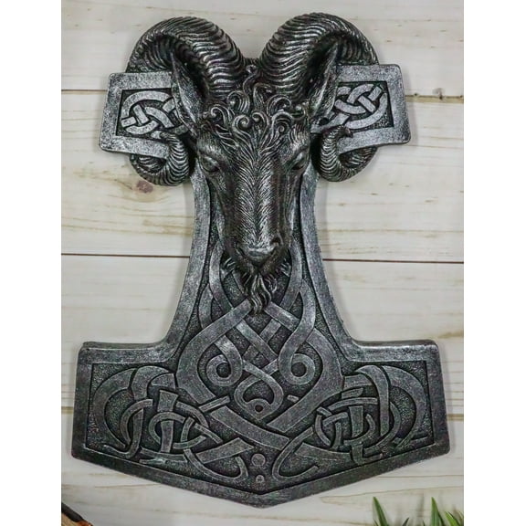 Viking Ram Skull God Thor Hammer Mjolnir With Runes Knotwork Wall Decor Plaque