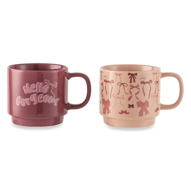Lot de 2 mugs empilables Thyme & Table Hello Gorgeous et Pink Bows, 410 ml, en grès