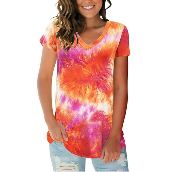 iHengLiXing Plus Size Spring Tops for Women 2025 Dressy Casual Women's V-Neck Short Sleeve Loose Casual Tie-dye Printed T-shirt Tops Red L