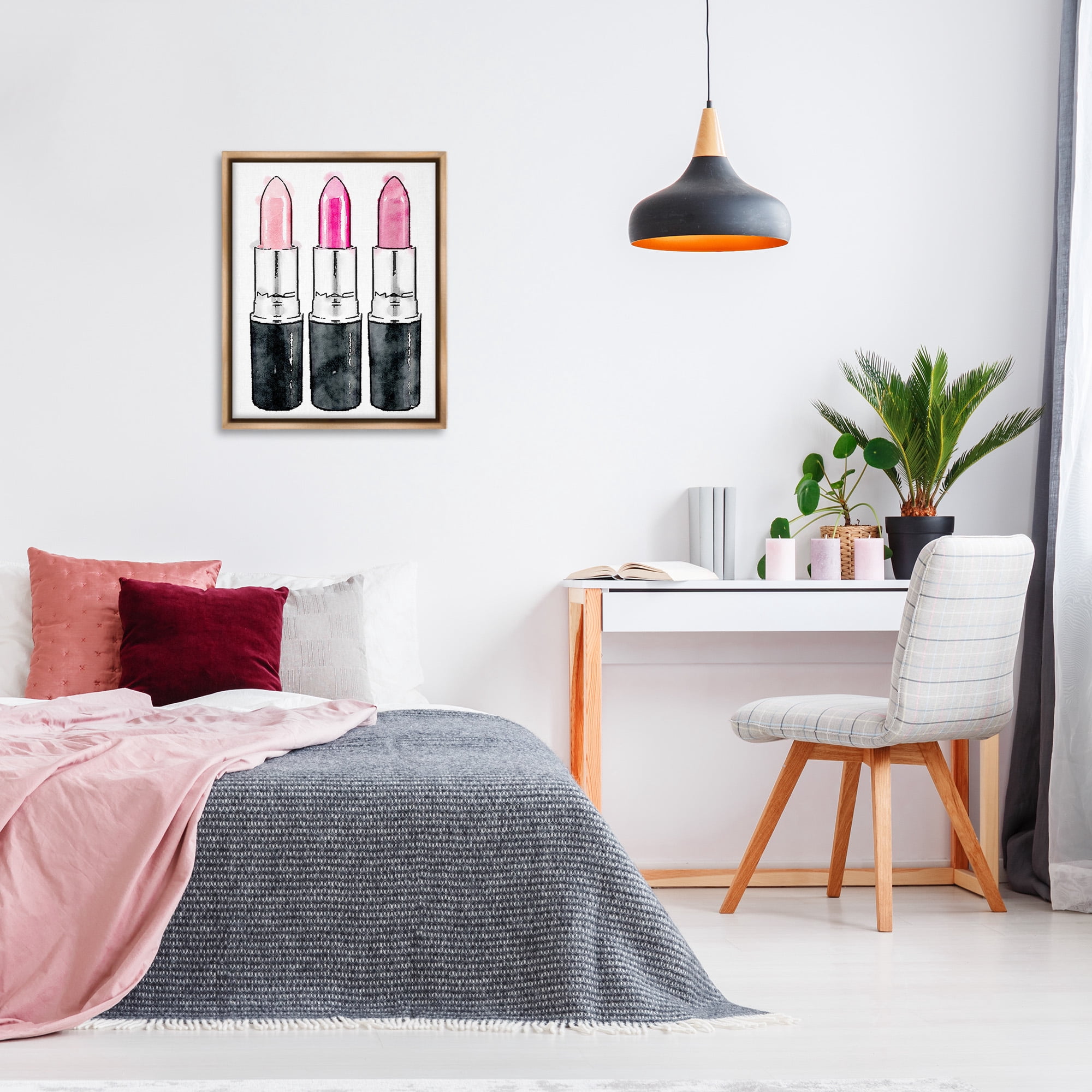 Stupell Industries Three Pink Lipsticks Beauty & Fashion Painting Brown Floater Framed Canvas Art Print Wall Art, 25 x 31