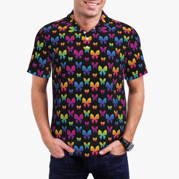Balery Rainbow Butterfly Camisa Polo de Hombre con Estampado, de Manga Corta y Tejido Medio, Camisa Tipo Golf Polo-Large