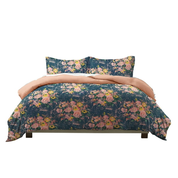 Navy 3 Piece Floral Reversible Comforter Set , Full/Queen, by Made