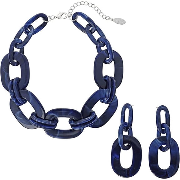 Bocar Acrylic Chunky Statement Necklace for Women Cube Link Chain Collar Necklace and Hoop Earrings Costome Jewelry Set(NK-10667-Navy Blue)