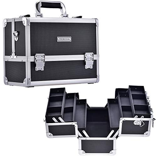 Frenessa Makeup Train Case Cosmetic Box 6 Trays with Compartments Professional Makeup Box Jewelry Storage Case Adjustable Bottom with Shoulder Strap - Black - Walmart.com