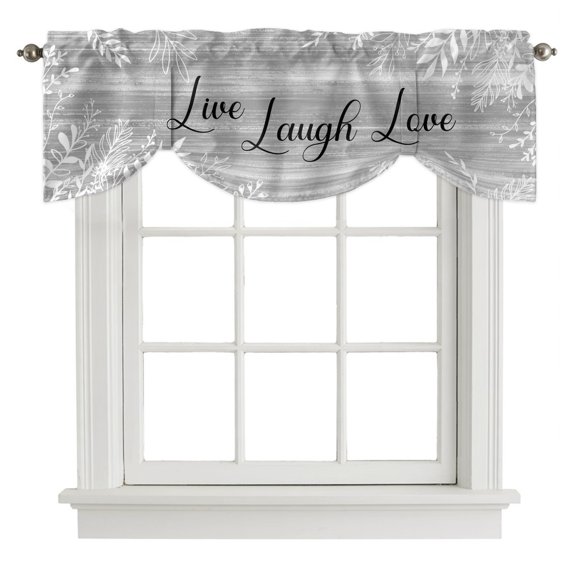 Tie Up Valance Curtain for Kitchen, Rustic Leaves White Sketch Rod Pocket Short Curtains Adjustable Tie-Up Shade Valances 42x12in, Gray Stripe Texture Live Text Window Treatment for Bedroom Bathroom