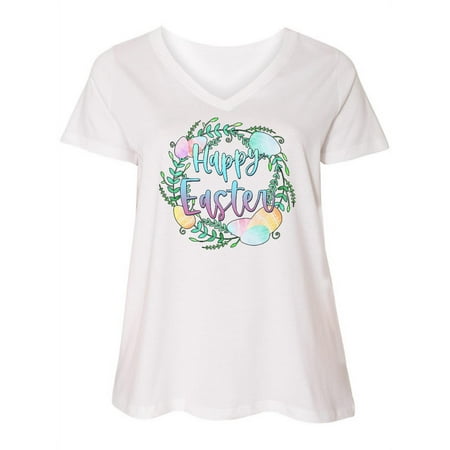 

Inktastic Happy Easter Pastel Egg Wreath with Laurels Women s Plus Size V-Neck