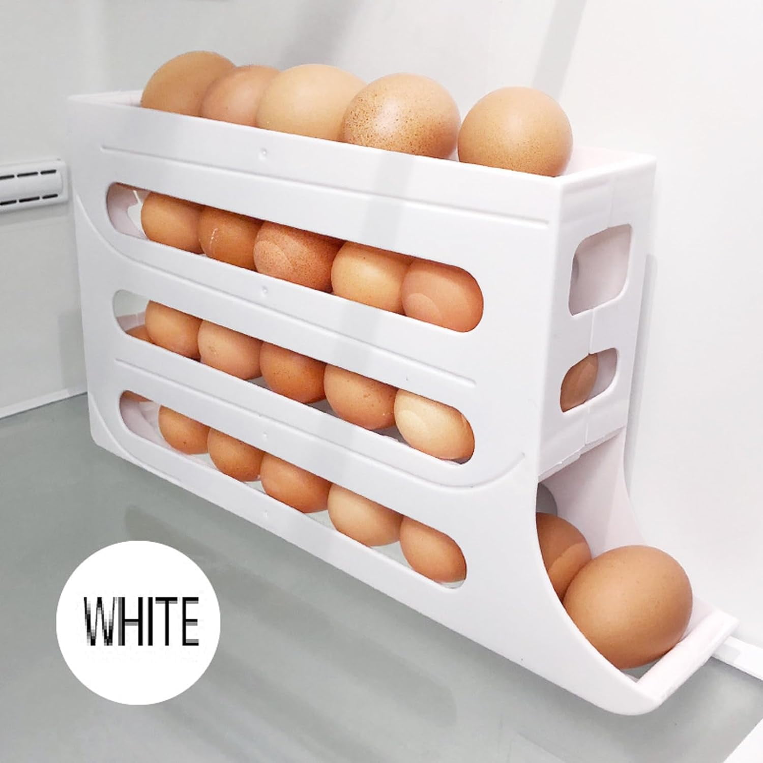 Four-Layer Egg Storage Rack, Auto Rolling Fridge Egg Organizer, Refrigerator Egg Storage Box,4 Tier Rolling Egg Holder Dispenser (1 PCS Beige)