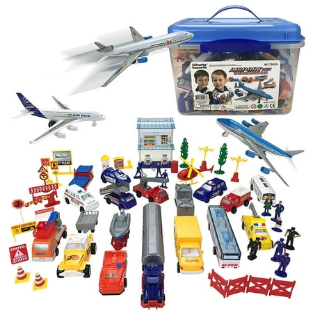 Airport Play Set - 57 Piece Kids Playset In Storage Bucket With Toy Airplanes, Vehicles, Police Figures, Workers, And Many More Accessories, Best Party