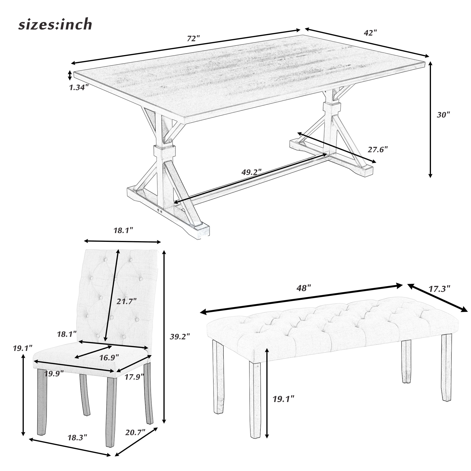 Howcool 6-Piece Farmhouse Dining Set, 72" Rectangular Wood Table, 4 Upholstered Chairs & Bench, Espresso