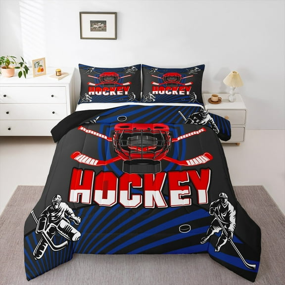 Homewish Hockey Theme Bedding Comforter Set,Ice Hockey Helmet Twin Comforter Sets,Red Black Bedding Set For Kids,Microfiber Bedroom Decor Reversible,2pcs