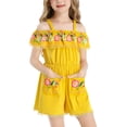 thumbnail image 4 of Coerni Girls Off Shoulder Romper Floral Embroidered Lace Trim Jumpsuit Spaghetti Strap Tunic Overalls Summer Outfit Beach Vacation, 4 of 8