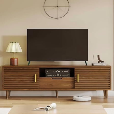 Fluted TV Stand for TV up to 65", 59" Mid Century Modern TV Stand, Wood TV Console for Living Room, Farmhouse Television Stand with Sliding Door, Media Entertainment Center with Storage Brown