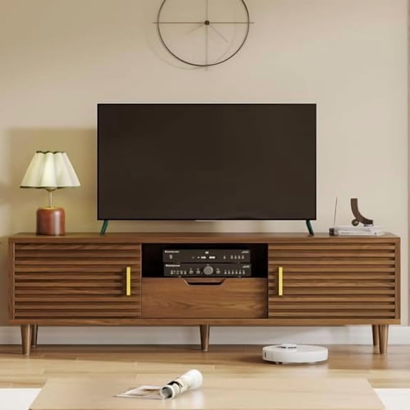 Fluted TV Stand for TV up to 65", 59" Mid Century Modern TV Stand, Wood TV Console for Living Room, Farmhouse Television Stand with Sliding Door, Media Entertainment Center with Storage Brown