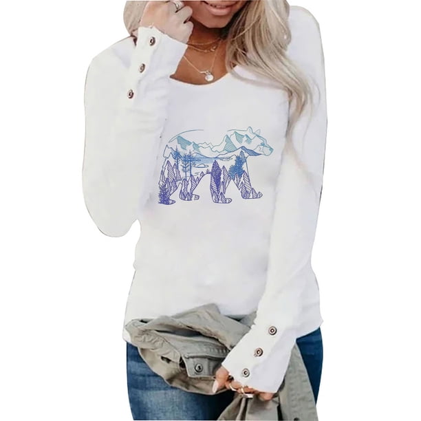 Moda mujer casual impreso cuello redondo manga larga otoño blusa pullver tops Pompotops FGAJ7013