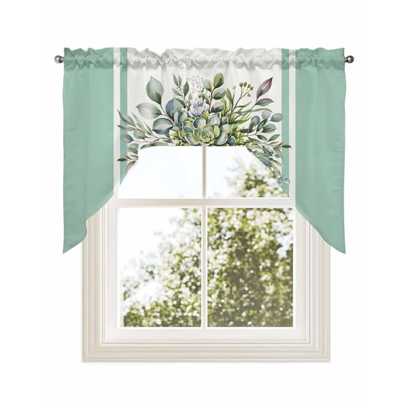Eucalyptus Green Kitchen Curtains Swag Valance for Windows/Bathroom/Cafe, Stripes Bottle Flower Cactus Plant Rod Pocket Drape Panel Swag Curtains Valance for Bedroom/Living Room 56"x36"