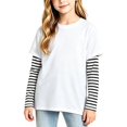 thumbnail image 2 of T Shirts for Girls Casual Solid Color Crewneck Faux Layered Long Sleeve Striped Tops 2 in 1 Loose Fit Fashion Wear, 2 of 5