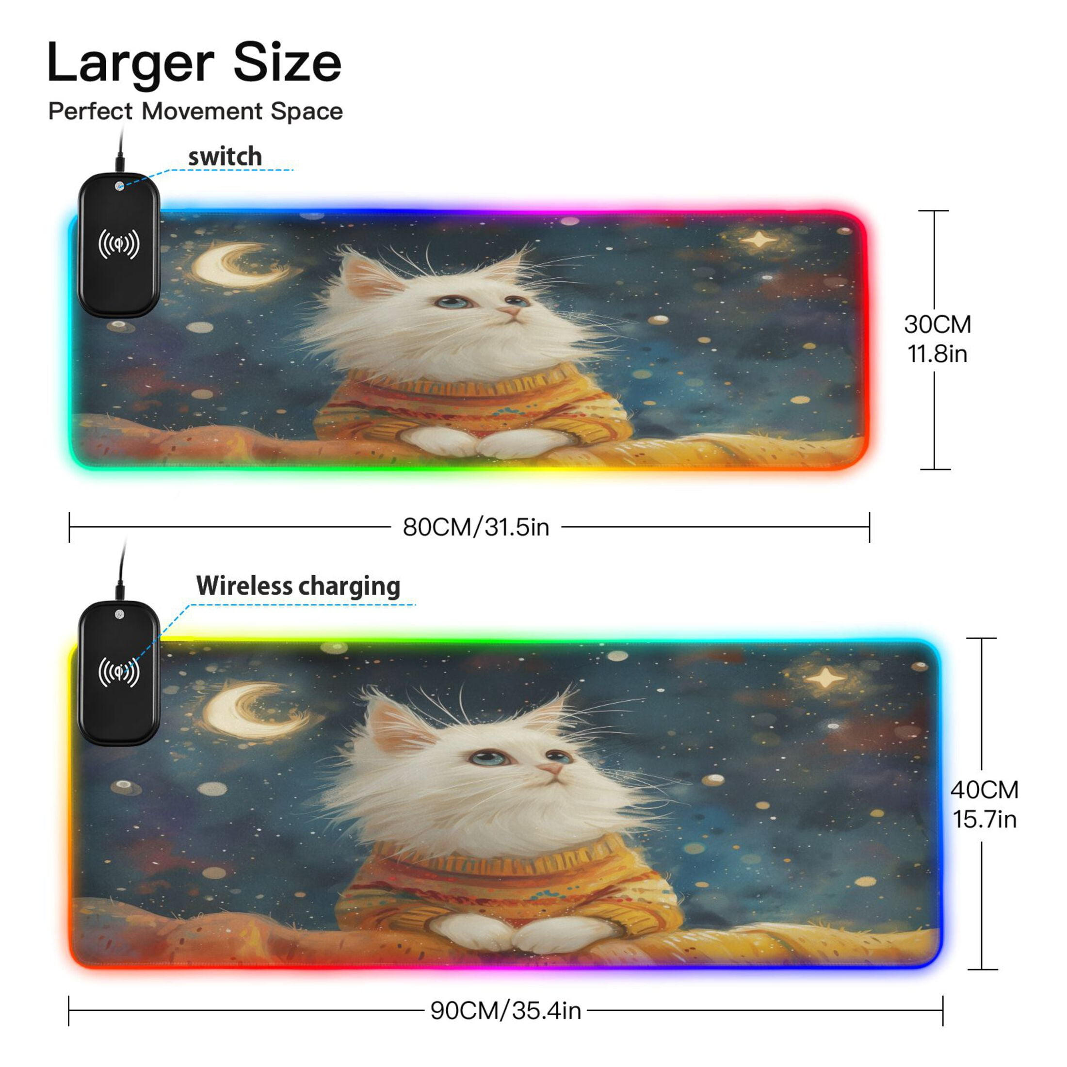 Wireless Charging Mouse Pad Large RGB Gaming Desk Mat 13 Light Modes Mousepad 31.5x11.8 Lovely Cat and Moon Star