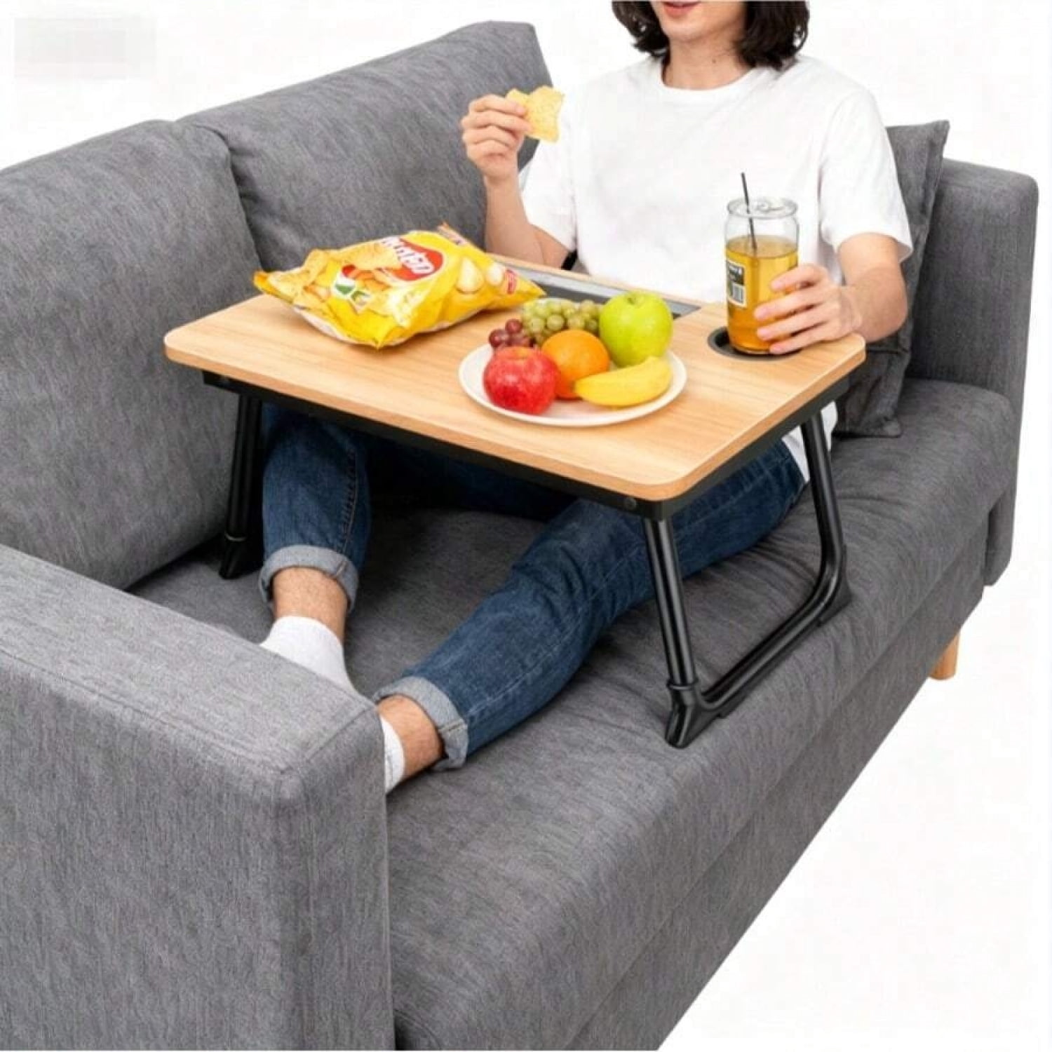 odorsTT Laptop Desk For Bed Or Couch, Folding Bed Tray with Cup Holder, Portable Legs Desk for Working Reading Writing Breakfast, Laptop Stand for Bed - Peach Wood Color