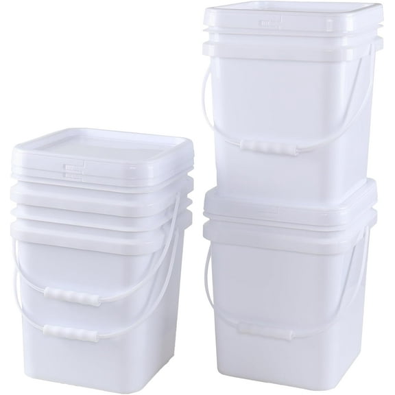 5 Gallon White Square Bucket with Lid and Handle, 4 Pcs Plastic Square Food Storage Pail with Handle