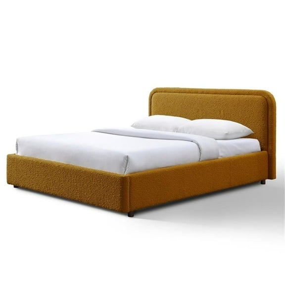 Pemberly Row Upholstered Platform Queen Bed in Mustard Boucle Fabric