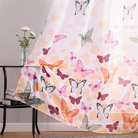 2 pieces of sheer curtains for living room and bedroom decoration, simple and fresh floral glass curtains, transparent curtains for bedroom, butterfly scroll print