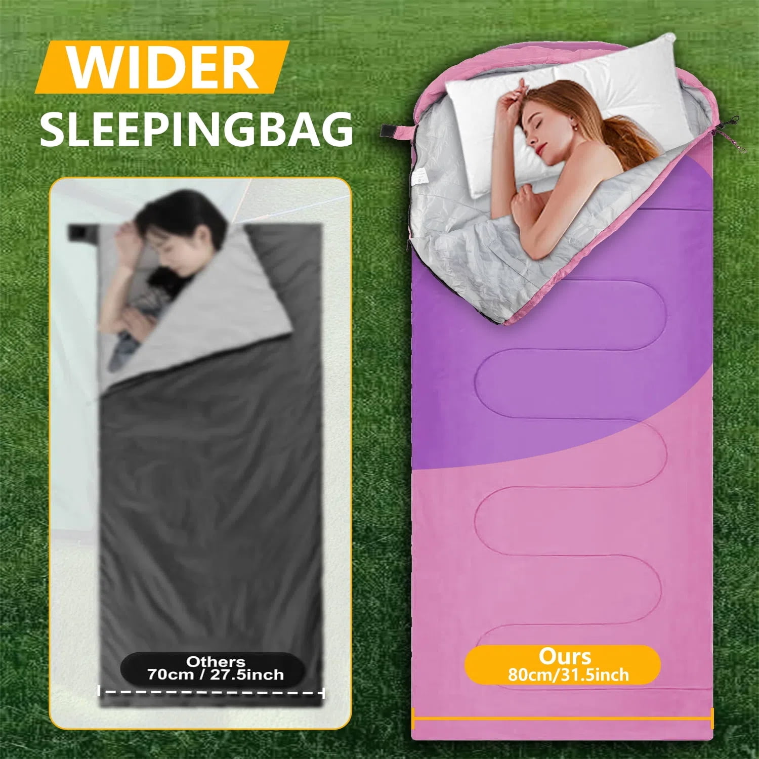Teblint Camping Sleeping Bag for Adults Kids, Cold Weather Warm Sleeping Bag with Compression Bag for 3 Seasons, Compact Camping Essentials Gear Accessories Hiking Sleep Must Haves-Pink