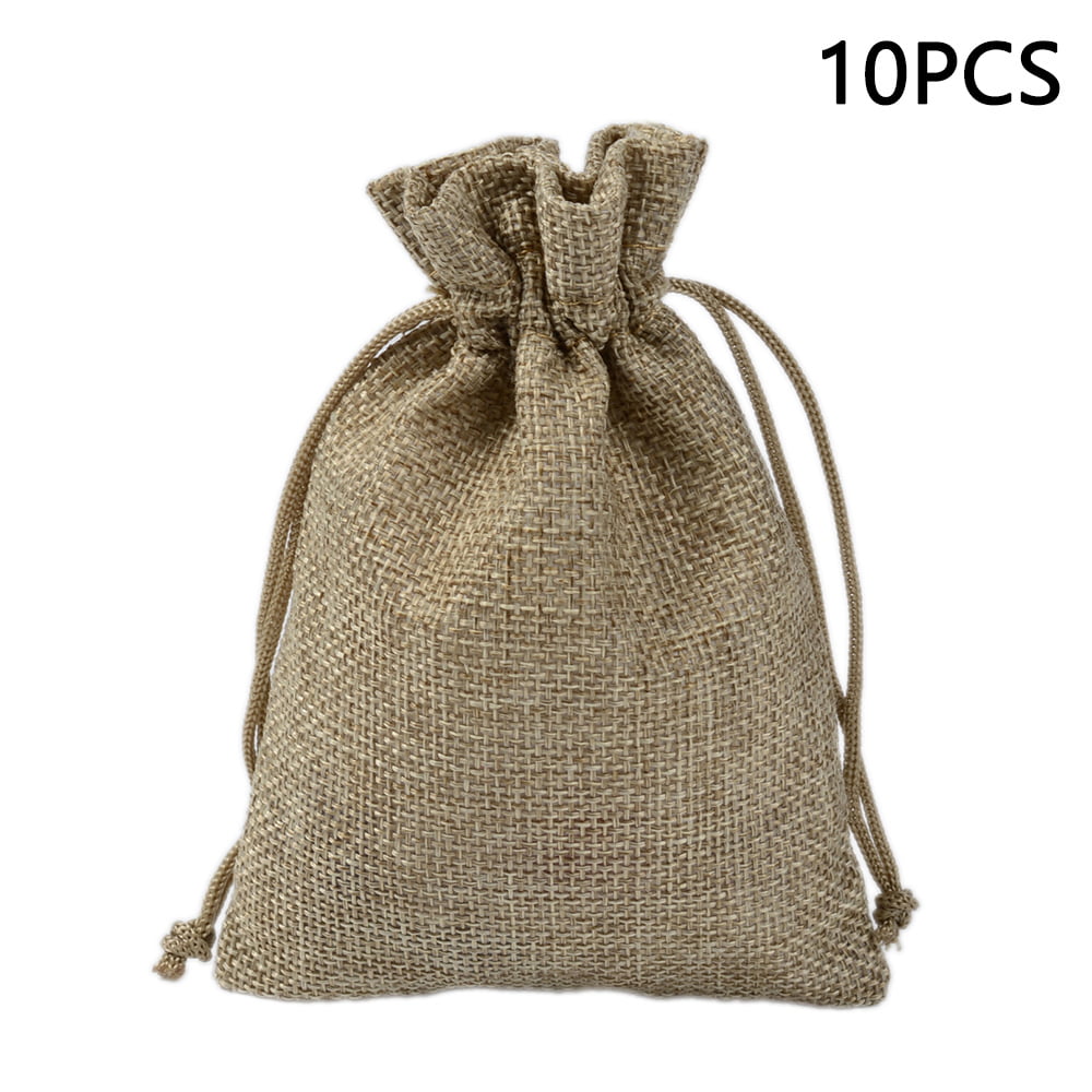 10pcs Burlap Natural Linen Jute Sack Jewelry Pouch Drawstring Gift Bags I2R6 