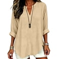 thumbnail image 5 of 3/4 Length Sleeve Womens Tops Plus Size Summer Tops Work Tops Women's Oversized T-Shirts Linen Shirts Vacation Outfits Cotton Linen Tops Womens Tops Womens Linen Tops Quarter Sleeve Tops Beige L, 5 of 7
