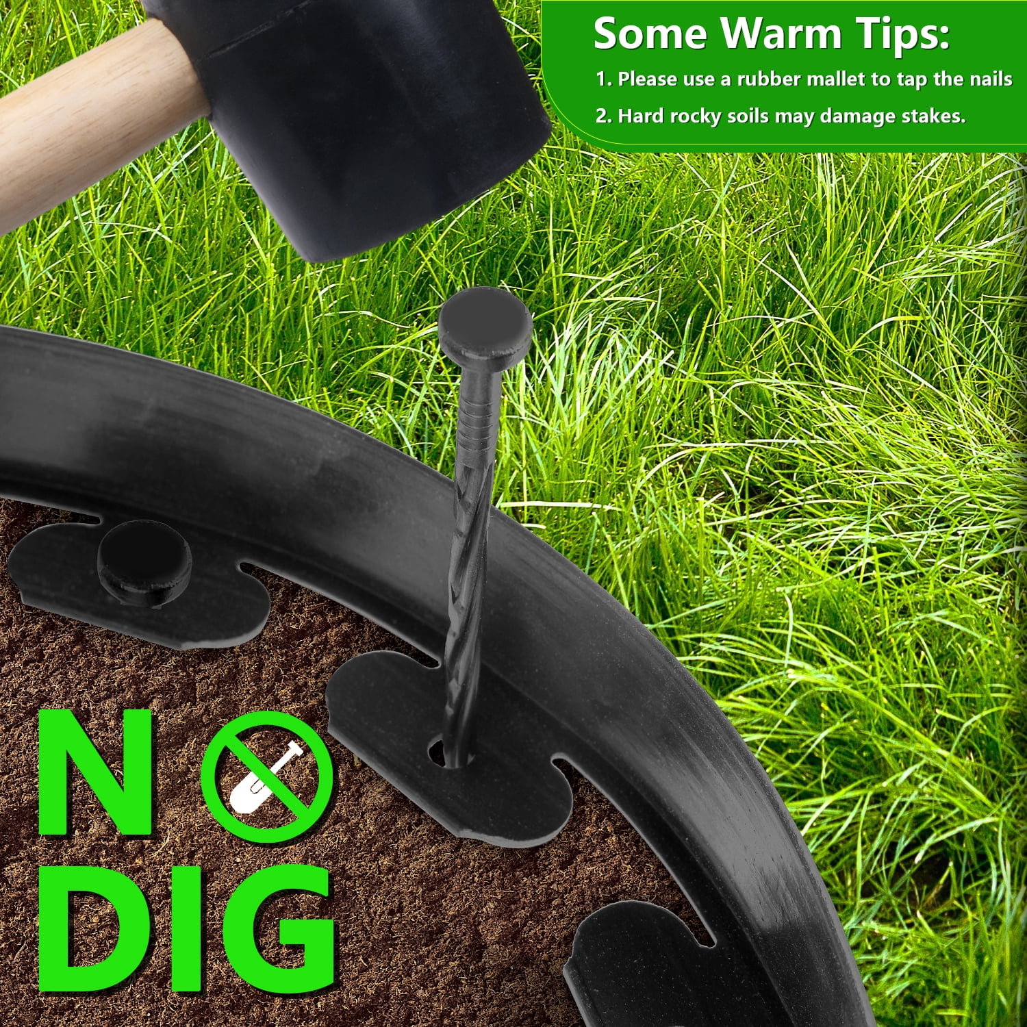 No Dig Landscape Edging Kit 60FT - Heavy Duty 2in Tall Black Garden Border with 72 Spikes | Easy Install Flexible Edging for Lawn & Flower Bed