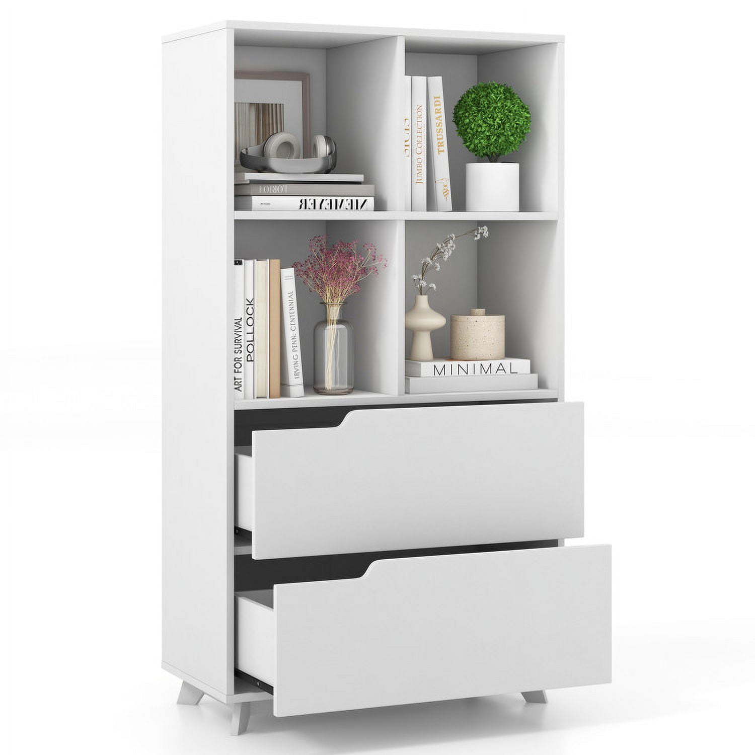 Demi Bonn 4-Tier Wood Open Bookcase with 2 Drawers and 4 Storage Cubes, White