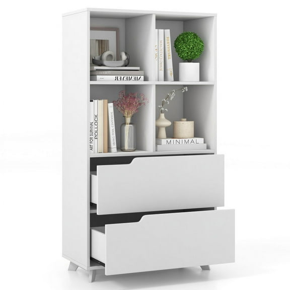 Spaco 4-Tier Open Bookcase with 2 Drawers and 4 Storage Cubes-White, Tall Bookshelf, Shelves for Living Room, Home Office, Bedroom, Balcony