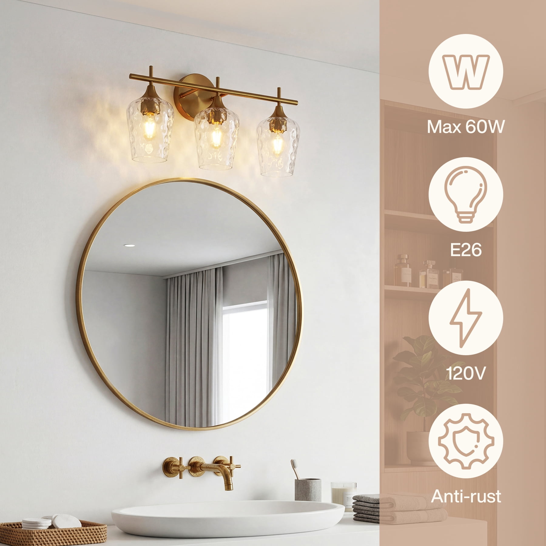 Fnova Modern Gold Bathroom Vanity Light, 21" 3-Light Wall Sconce with Clear Glass Shades, E26 Base Bath Light Fixture over Mirror